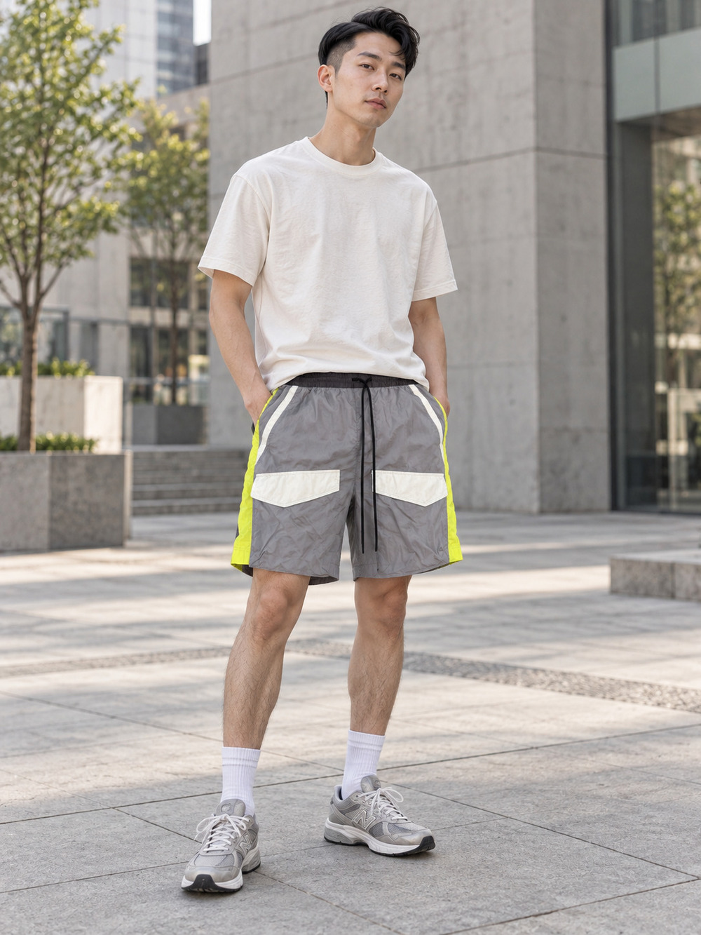 Kith Gray Neon Yellow Colorblock Drawstring Shorts XS